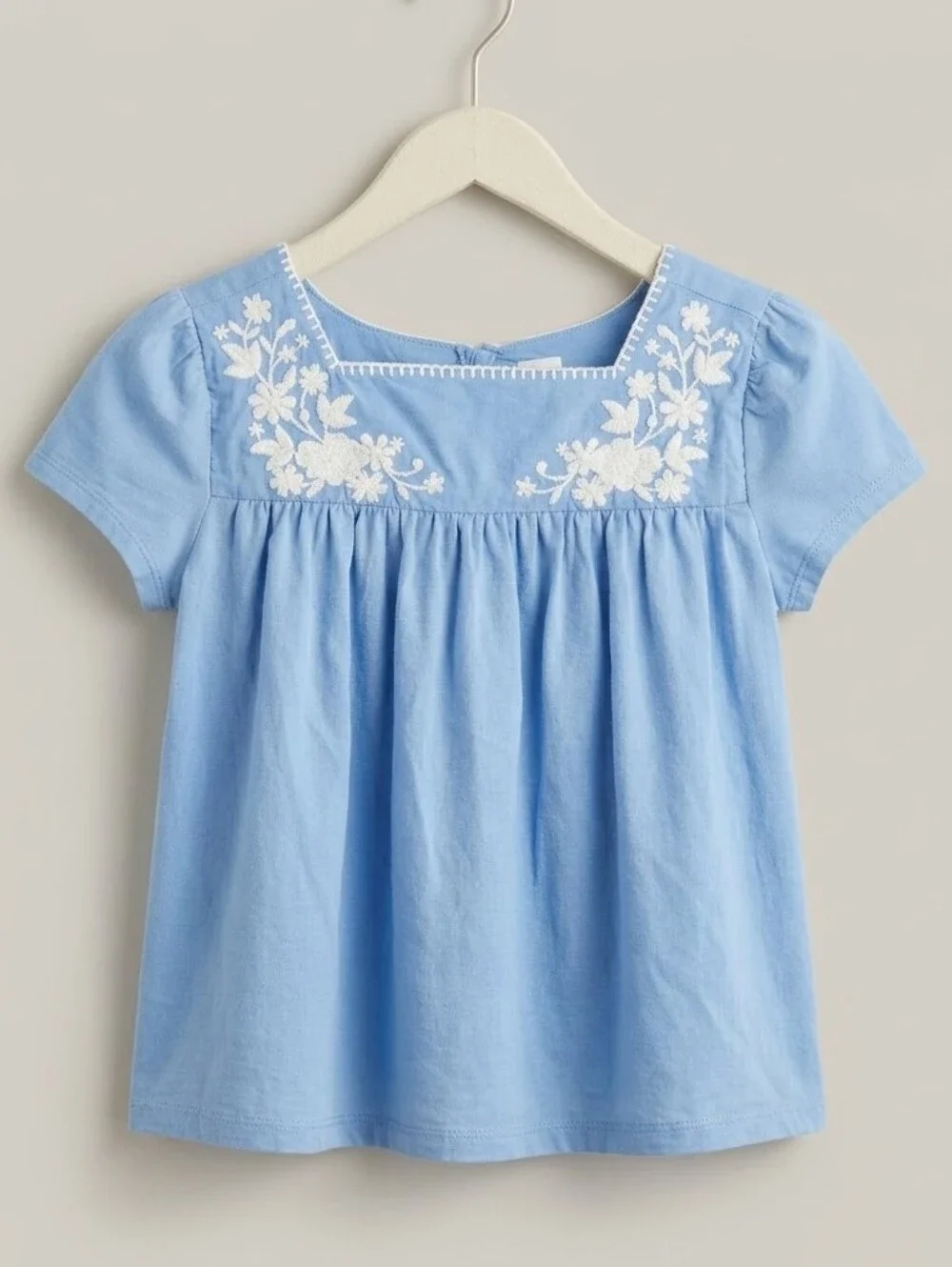 GIRLS GAP Blue Embroidered Floral Short Sleeve Blouse Top Sz Small